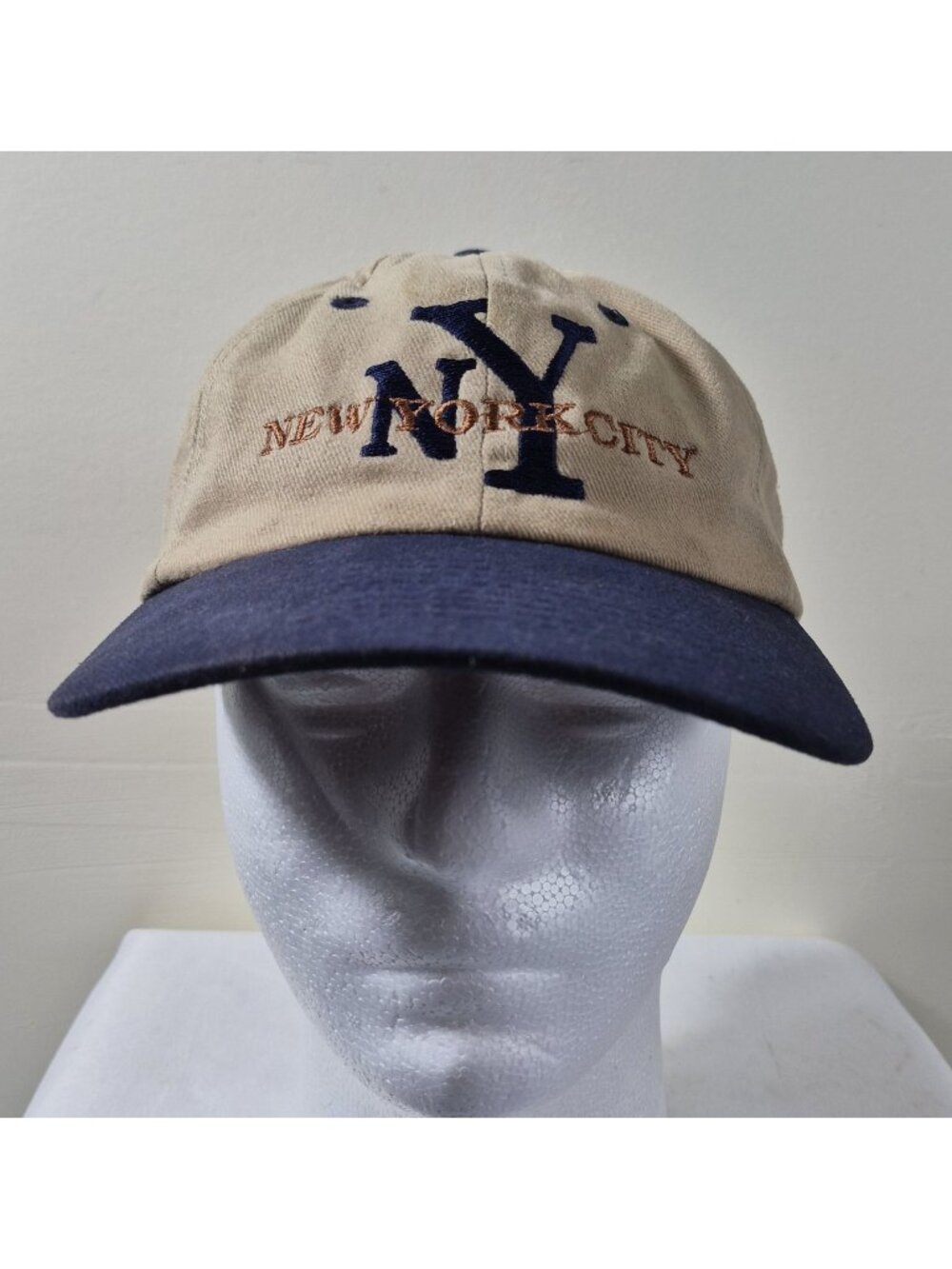 Vintage 90's New York City NYC Hat Cap Nissin Tan Navy Embroidered Strapback